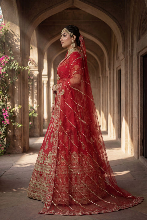 Red Silk Lehenga Choli - Side View | Samyak Fashion