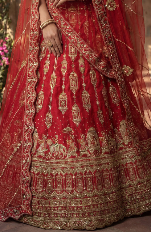 Red Silk Lehenga Choli - Detail View | Samyak Fashion