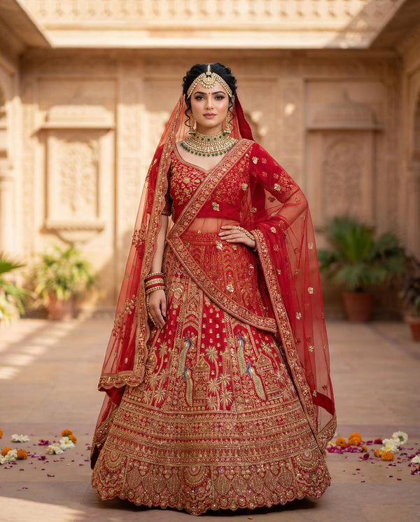 Red Silk Lehenga Choli - Front View | Samyak Fashion