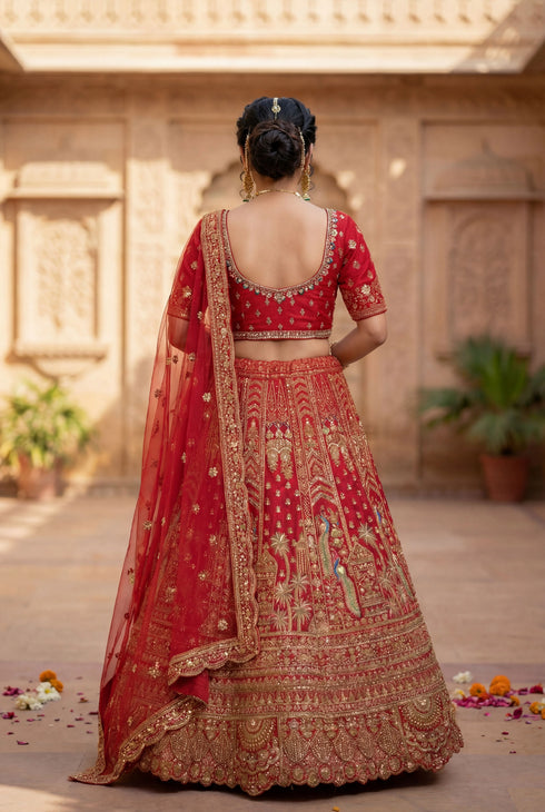 Red Silk Lehenga Choli - Back View | Samyak Fashion