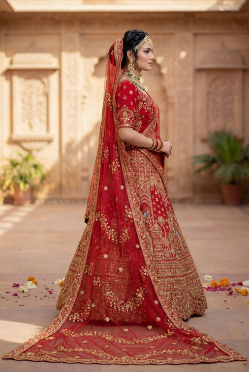 Red Silk Lehenga Choli - Side View | Samyak Fashion