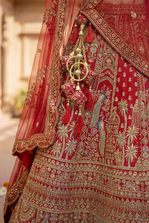 Red Silk Lehenga Choli - Detail View | Samyak Fashion