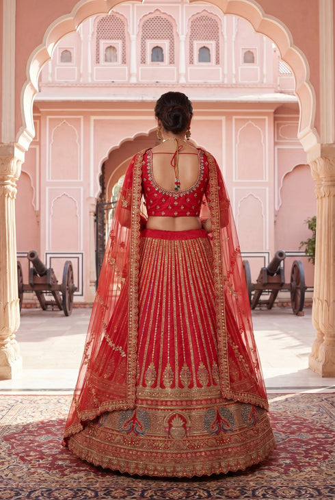 Red Silk Lehenga Choli - Back View | Samyak Fashion