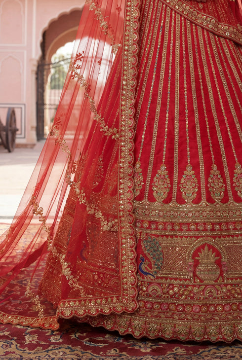 Red Silk Lehenga Choli - Detail View | Samyak Fashion