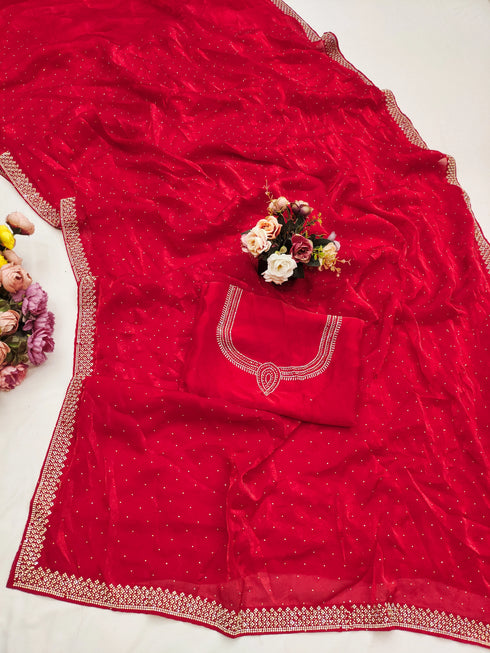 Red Space Silk Elegant Party Wear Saree Collection With Blouse - Side View | Samyak Fashion