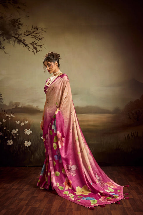 Rose Pink Jacquard Elegant Party Wear Saree Collection With Blouse - Back View | Samyak Fashion