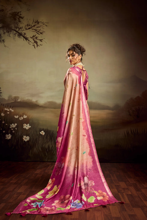 Rose Pink Jacquard Elegant Party Wear Saree Collection With Blouse - Side View | Samyak Fashion
