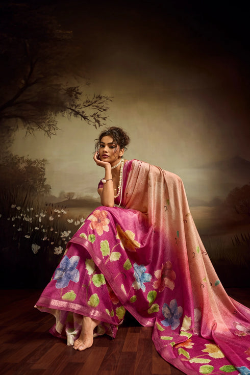 Rose Pink Jacquard Elegant Party Wear Saree Collection With Blouse - Detail View | Samyak Fashion