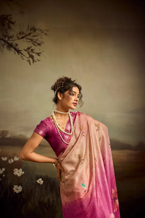 Rose Pink Jacquard Elegant Party Wear Saree Collection With Blouse - Close-up View | Samyak Fashion