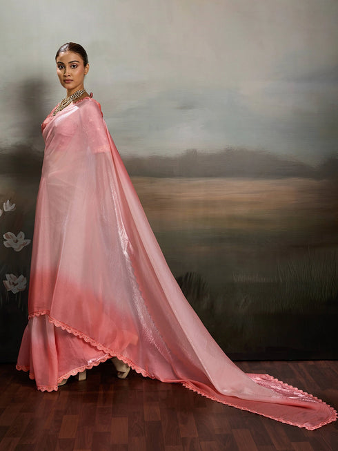 Rose Pink Satin Elegant Party Wear Saree Collection With Blouse - Back View | Samyak Fashion