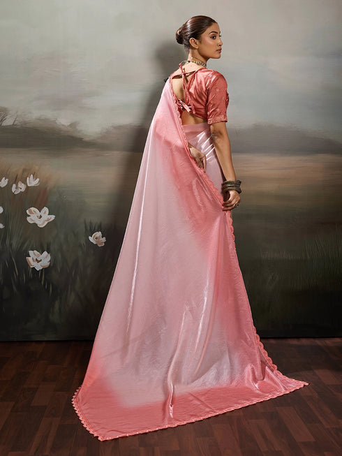Rose Pink Satin Elegant Party Wear Saree Collection With Blouse - Side View | Samyak Fashion