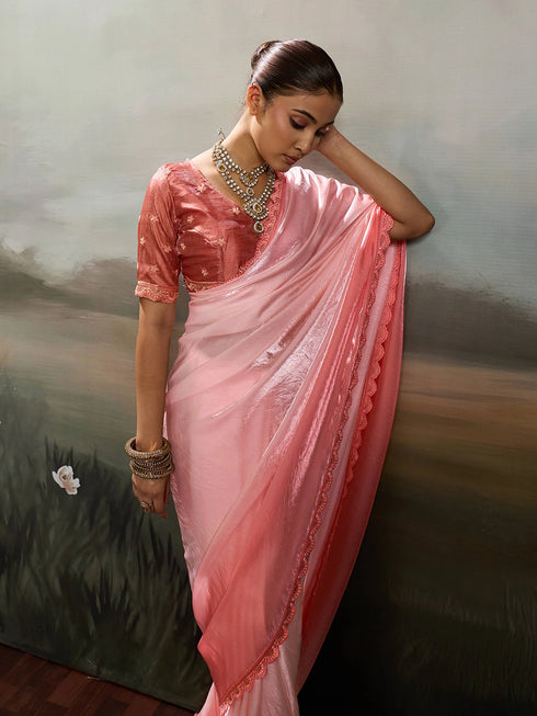Rose Pink Satin Elegant Party Wear Saree Collection With Blouse - Detail View | Samyak Fashion