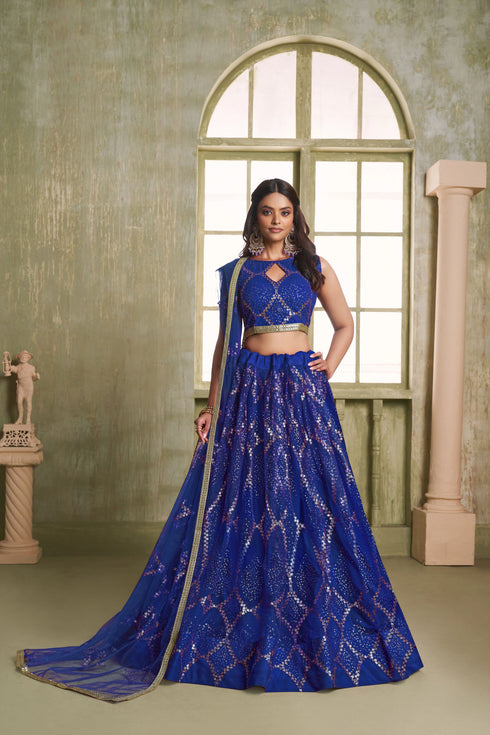 Royal Blue Butterfly Net Lahenga Choli - Front View | Samyak Fashion
