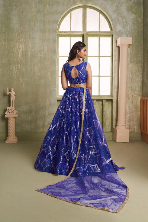 Royal Blue Butterfly Net Lahenga Choli - Back View | Samyak Fashion
