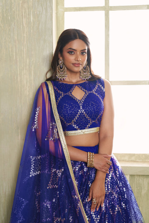 Royal Blue Butterfly Net Lahenga Choli - Side View | Samyak Fashion
