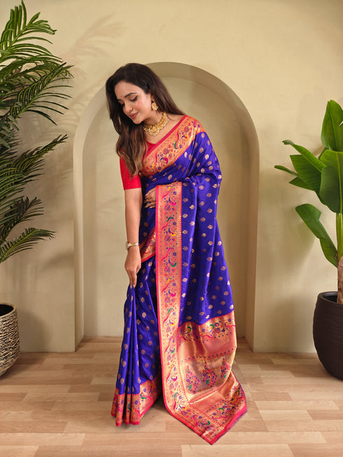 Royal Blue Paithani Silk Party Wear Saree With Blouse - Back View | Samyak Fashion