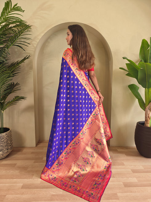 Royal Blue Paithani Silk Party Wear Saree With Blouse - Detail View | Samyak Fashion