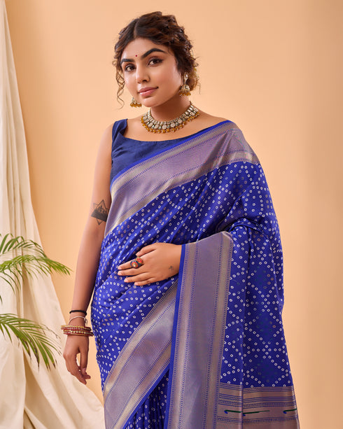 Royal Blue Pure Silk Party Wear Saree With Blouse - Side View | Samyak Fashion