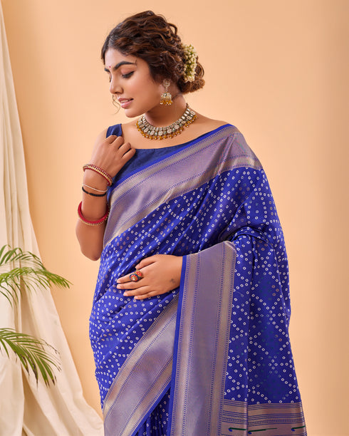 Royal Blue Pure Silk Party Wear Saree With Blouse - Detail View | Samyak Fashion