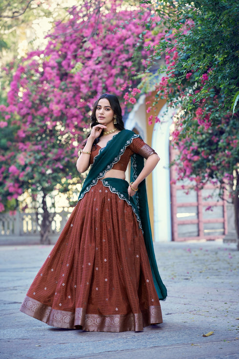 Rust Chinon Lehenga Choli Ethnic - Front View | Samyak Fashion