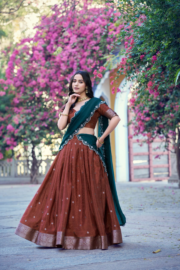 Rust Chinon Lehenga Choli Ethnic - Front View | Samyak Fashion