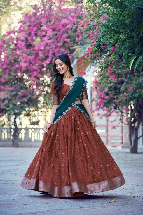 Rust Chinon Lehenga Choli Ethnic - Back View | Samyak Fashion