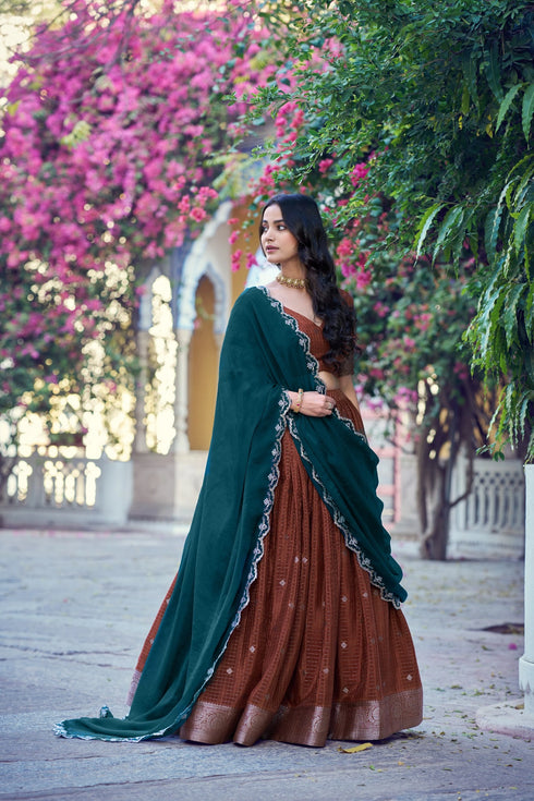 Rust Chinon Lehenga Choli Ethnic - Side View | Samyak Fashion