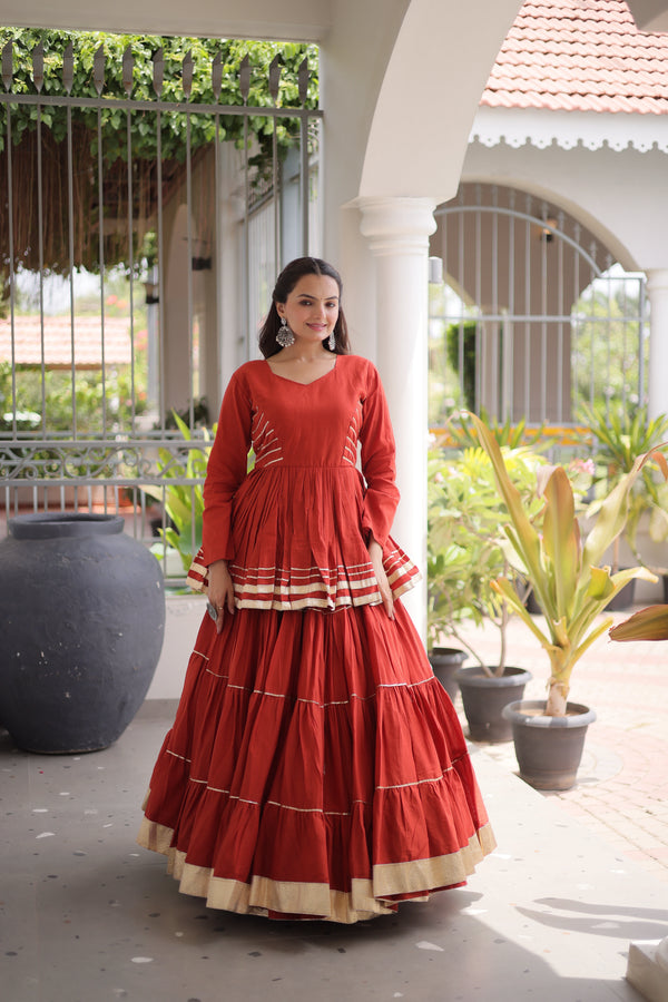 Rust Cora Cotton Lehenga Choli - Front View | Samyak Fashion