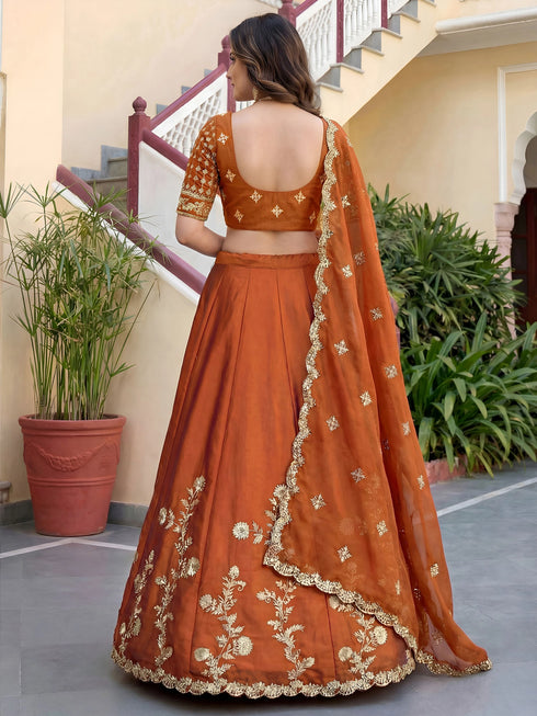 Rust Rangoli Silk Lehenga Choli - Back View | Samyak Fashion
