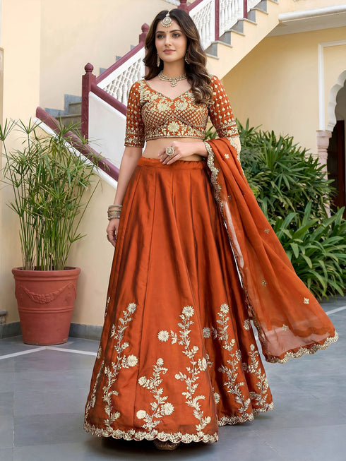 Rust Rangoli Silk Lehenga Choli - Close-up View | Samyak Fashion