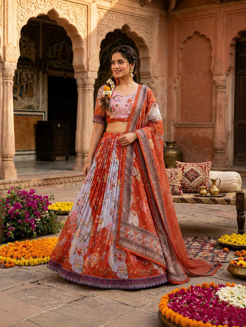 Rust Tabby Silk Lehenga Choli - Back View | Samyak Fashion