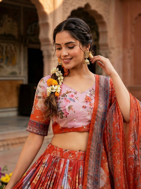 Rust Tabby Silk Lehenga Choli - Side View | Samyak Fashion