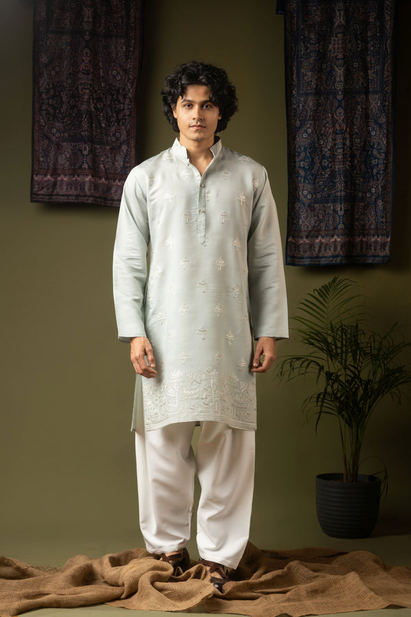 Sea Blue Silk Blend Mens Kurta With Payjama - Front View | Samyak Fashion