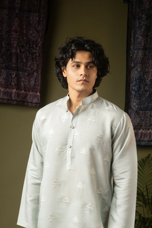 Sea Blue Silk Blend Mens Kurta With Payjama - Side View | Samyak Fashion