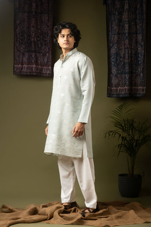 Sea Blue Silk Blend Mens Kurta With Payjama - Detail View | Samyak Fashion