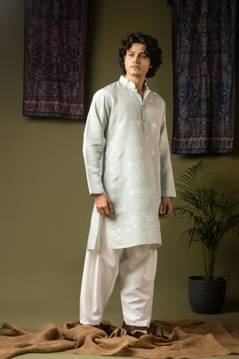 Sea Blue Silk Blend Mens Kurta With Payjama - Close-up View | Samyak Fashion