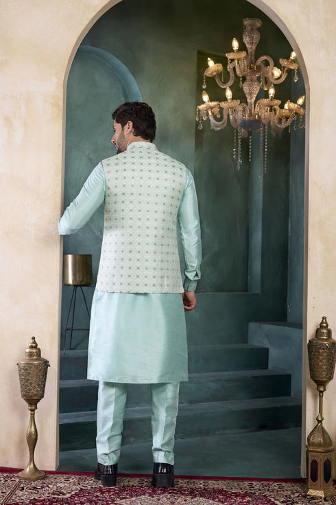 Sea Green Banarasi Silk Mens Mans - Back View | Samyak Fashion