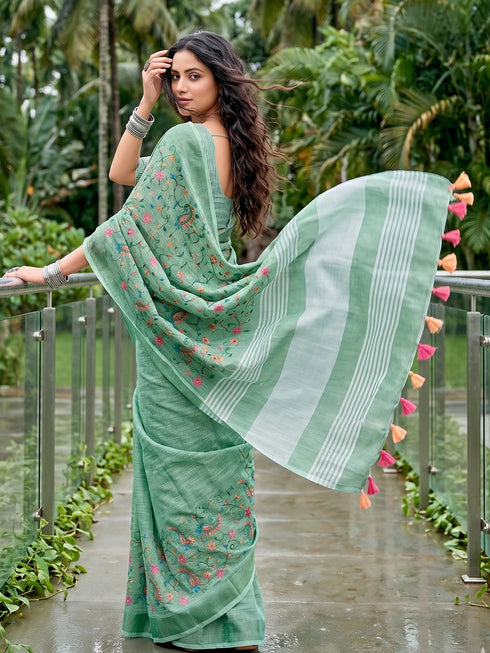 Sea Green Linen Elegant Party Wear Saree Collection With Blouse - Back View | Samyak Fashion