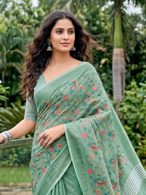 Sea Green Linen Elegant Party Wear Saree Collection With Blouse - Side View | Samyak Fashion