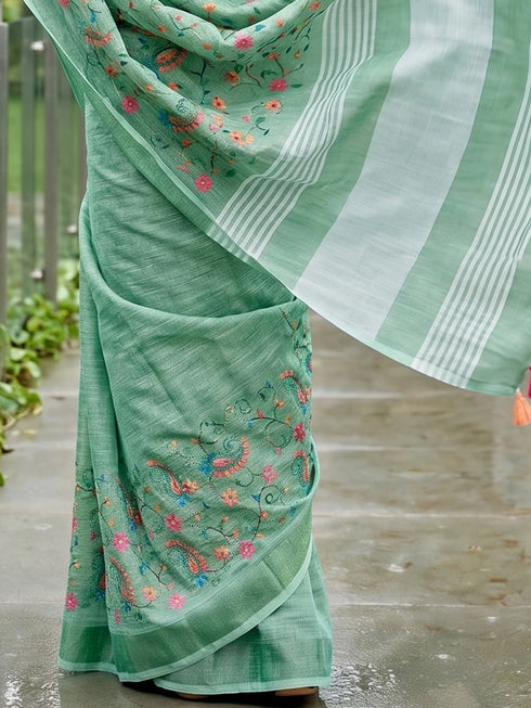 Sea Green Linen Elegant Party Wear Saree Collection With Blouse - Detail View | Samyak Fashion