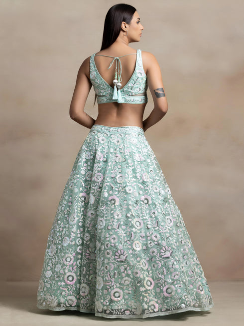 Sea Green Soft Net Lehenga Choli - Back View | Samyak Fashion