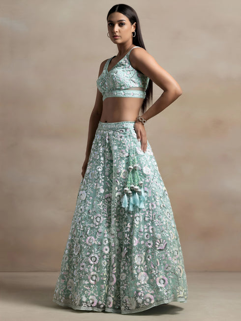 Sea Green Soft Net Lehenga Choli - Detail View | Samyak Fashion