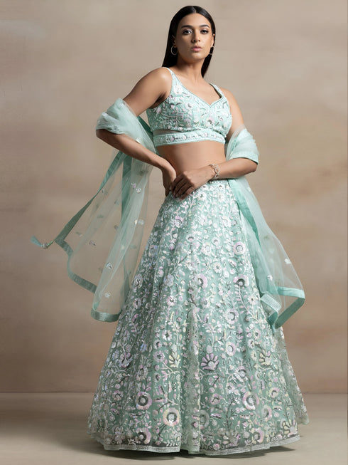 Sea Green Soft Net Lehenga Choli - Close-up View | Samyak Fashion