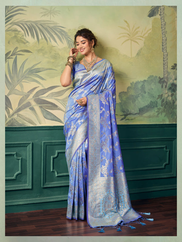 Sky Blue Banarasi Silk Party Wear Saree With Blouse - Front View | Samyak Fashion