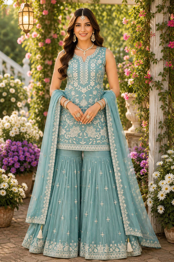 Sky Blue Chiffon Salwar Suits - Front View | Samyak Fashion
