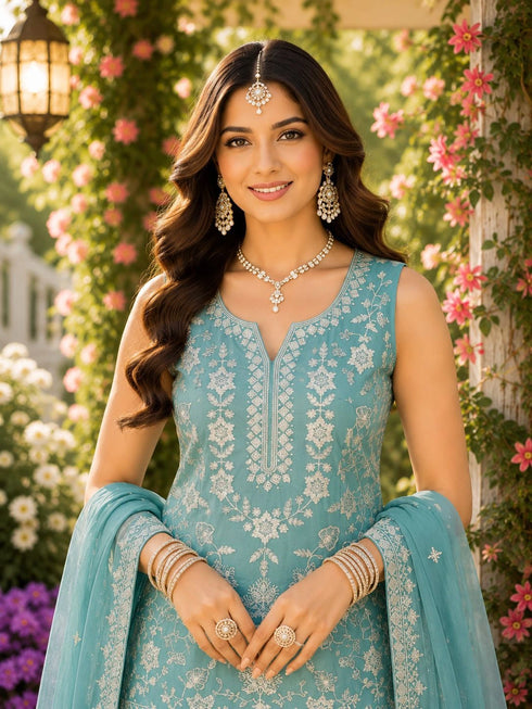 Sky Blue Chiffon Salwar Suits - Back View | Samyak Fashion