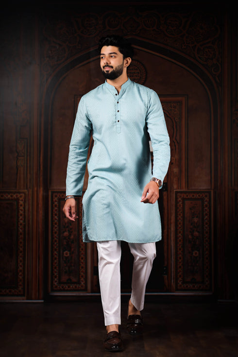 Sky Blue Cotton Mens Kurta With Payjama - Front View | Samyak Fashion