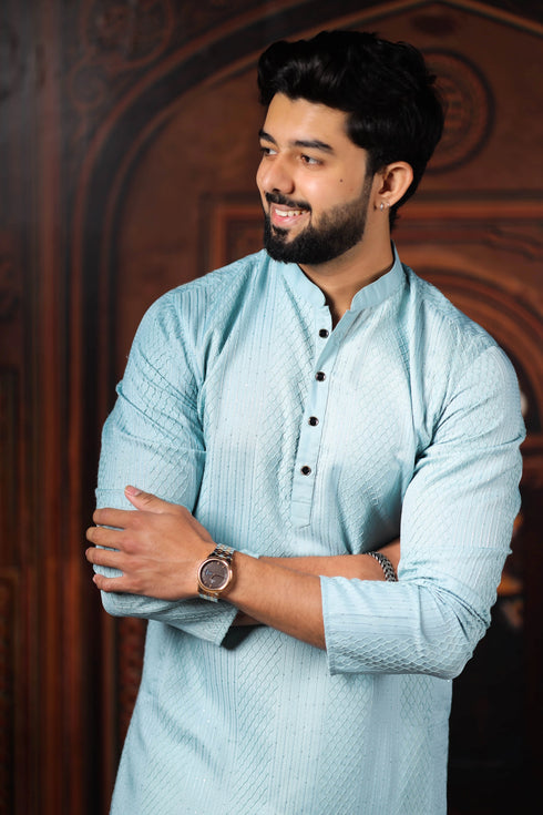 Sky Blue Cotton Mens Kurta With Payjama - Side View | Samyak Fashion