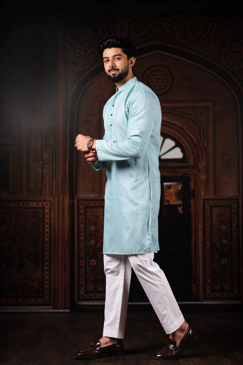 Sky Blue Cotton Mens Kurta With Payjama - Detail View | Samyak Fashion
