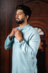 Sky Blue Cotton Mens Kurta With Payjama - Close-up View | Samyak Fashion